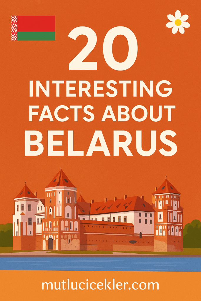 Belarus hakkında 20 ilginç bilgi başlıklı bir grafik, renkli bir arka plana sahip ve üzerinde Belarus bayrağı, bir bina çizimi ve çiçek simgesi bulunmaktadır.