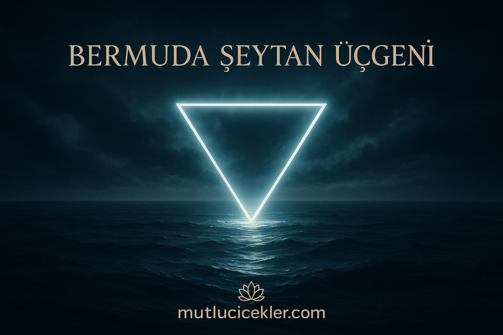 Bermuda Şeytan Üçgeni'ni temsil eden geometrik bir üçgen, karanlık deniz manzarası üzerinde parlayan ışıklarla görselleştirilmiş.