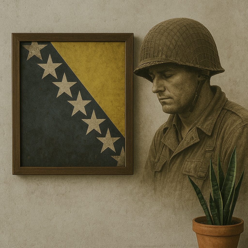 Bosna-Hersek'in bayrağı önünde bir asker figürü, duvarda çerçevelenmiş olarak sergileniyor. Arkada bir saksı bitkisi bulunuyor.