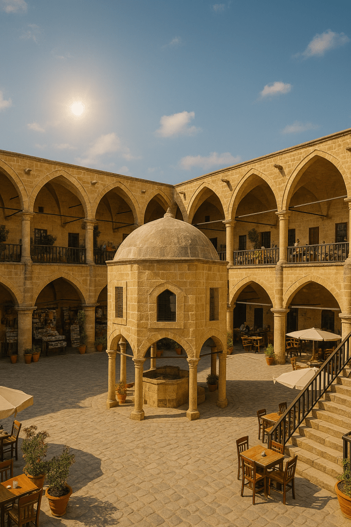 Osmanlı mimarisine sahip avlu, ortada bir su haznesi ve etrafında masa ve sandalyelerin bulunduğu restoran alanlarıyla dolu.