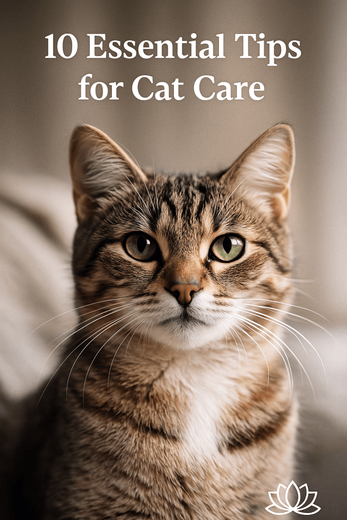 Close-up of a cat's face with green eyes and stripes, featuring the text '10 Essential Tips for Cat Care' overlaid.
