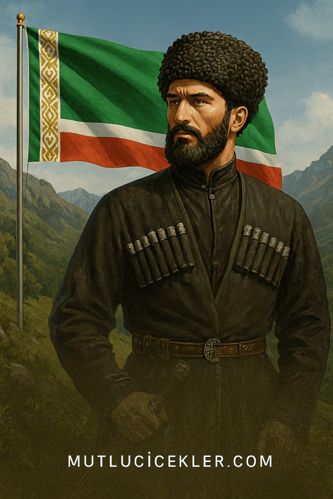 Çeçen giyimleri içinde, arka planda Çeçenistan bayrağı ile dağ manzarası.