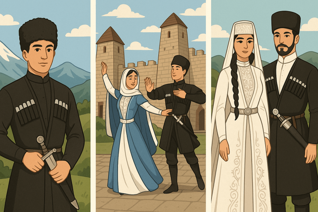 Bir grup Çeçen giyimli insanlar, dağ manzarasının önünde geleneksel kıyafetlerle duruyor. Sol tarafta bir adam, orta kısımda bir kadın ve erkek dans ediyor. Sağ tarafta ise geleneksel kıyafetler giymiş bir kadın ve erkek yan yana duruyor.