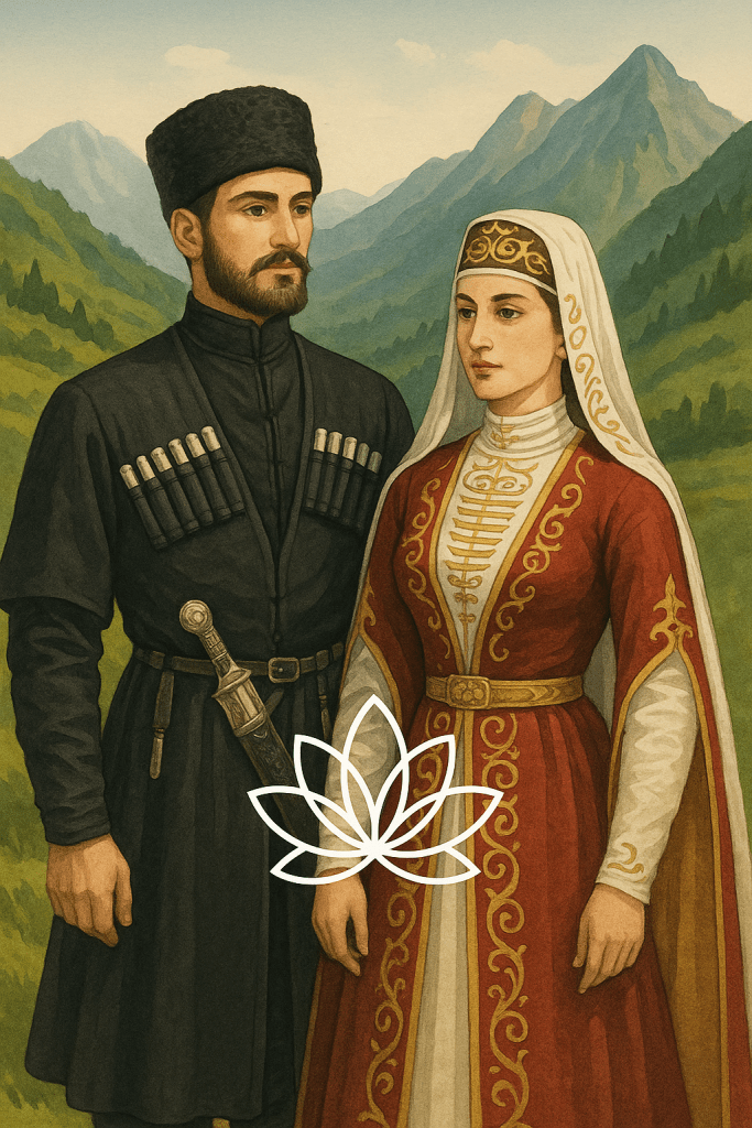 Geleneksel Çerkes kıyafetleri giymiş bir kadın ve erkeğin bir dağ manzarası önünde durduğu bir illüstrasyon.