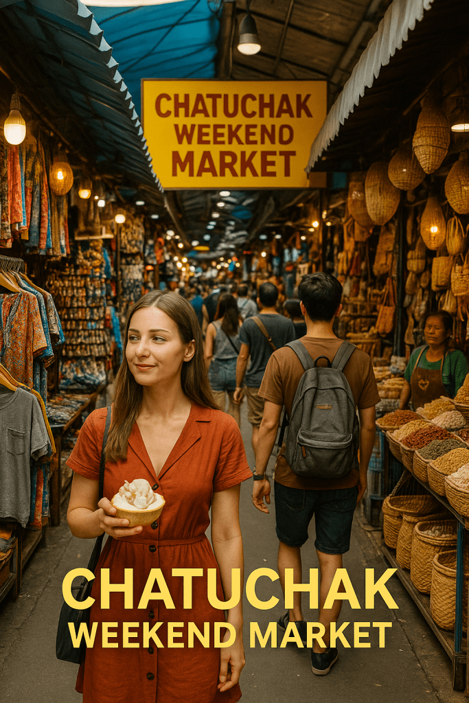 Chatuchak Hafta Sonu Pazarı'nda bir kadın, elinde dondurma tutarak renkli tezgahlar arasında yürüyor.