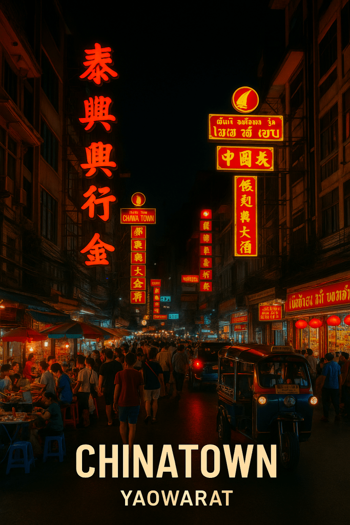 Bangkok'un Chinatown bölgesinde kalabalık bir sokak manzarası, neon ışıklarla dolu tabelalar ve sokak tezgahlarıyla dolu bir atmosfer.
