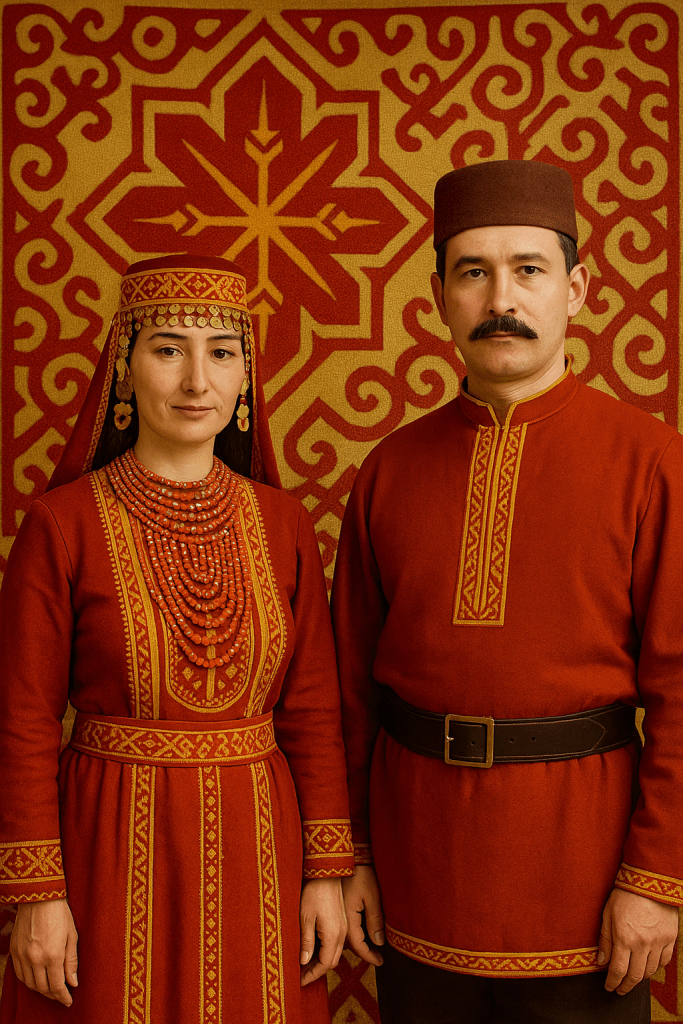 Çuvaş geleneksel kıyafetleri giymiş bir kadın ve erkeğin yan yana durduğu, arka planda geleneksel bir motifin yer aldığı portre.