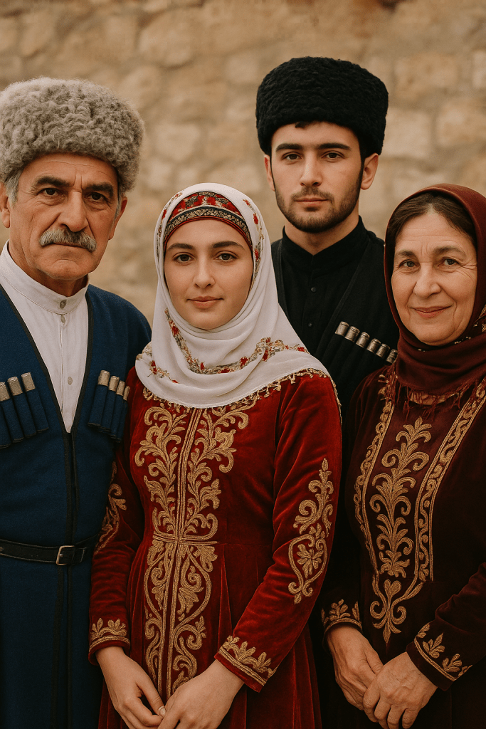 Dağıstan'ın geleneksel kıyafetlerini giymiş dört kişi, poz veriyor. Arka planda doğal taş bir yapının duvarı görünüyor.