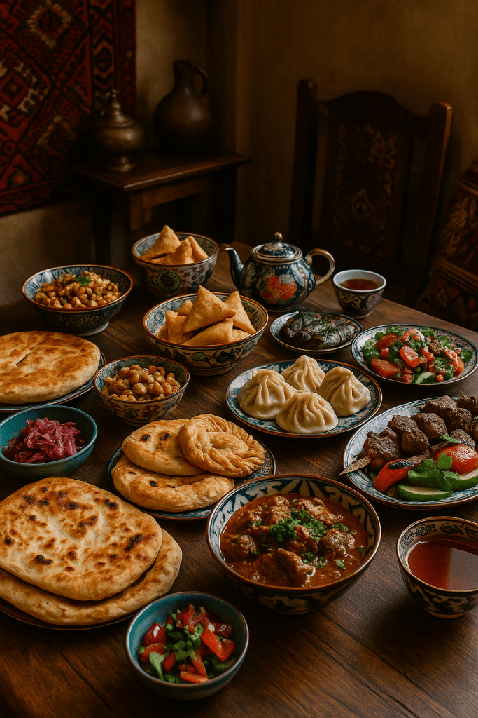 Bir masanın üstünde Dağıstan mutfağına ait çeşitli yemekler, çaydanlık ve tabaklar, geleneksel desenli bir arka plan ile görüntüleniyor.