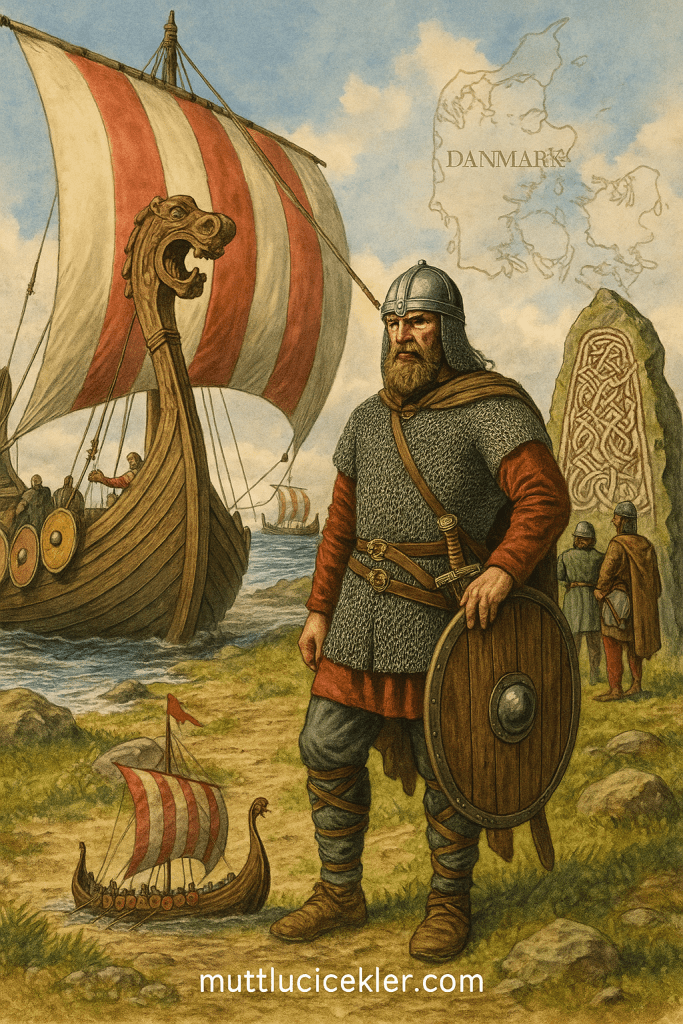 Viking dönemini temsil eden bir savaşçı, gemisiyle birlikte Danimarka kıyısında duruyor. Harita üzerinde Danimarka'nın konumu belirtilmiş.