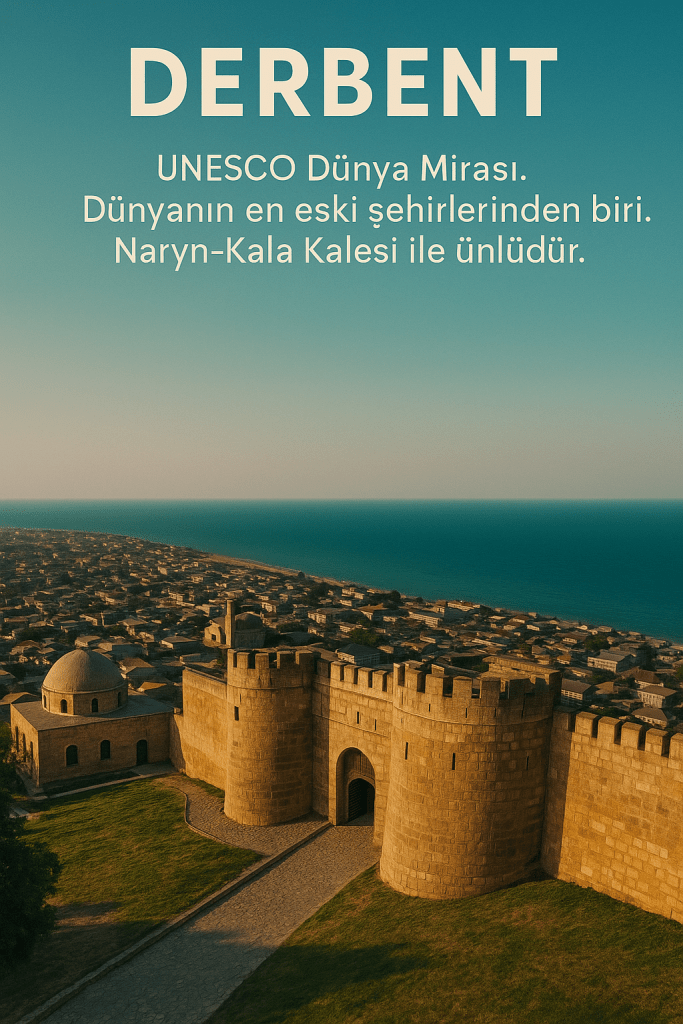 Derbent, UNESCO Dünya Mirası olan, Naryn-Kala Kalesi ile ünlü tarihi bir şehir manzarası.