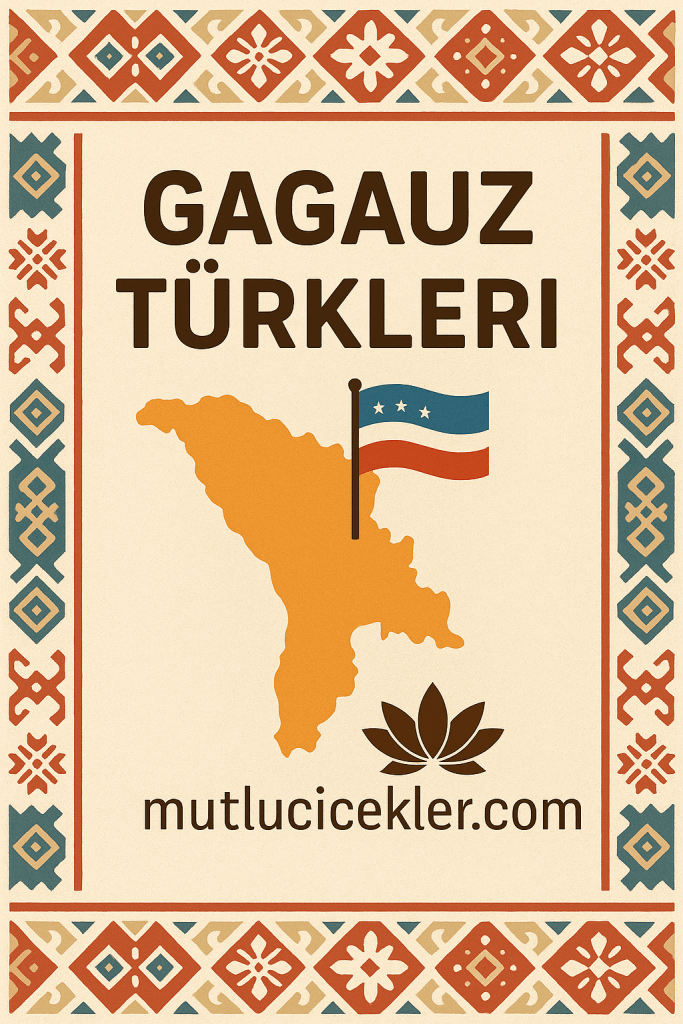 Gagavuz Türkleri'ni tanıtan bir poster, üzerinde Gagavuz haritası ve bayrağı ile dekoratif desenler yer almakta.