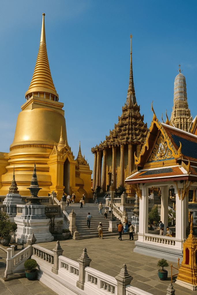 Bangkok'taki Grand Palace ve Wat Phra Kaew tapınağının açık alandaki görünümü, çeşitli mimari unsurlar ve ziyaretçilerle dolu bir ortam.