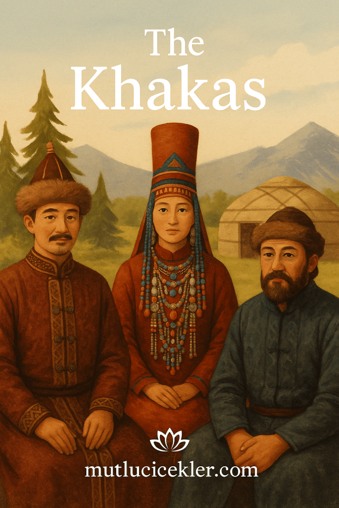 Hakas kültürünü temsil eden geleneksel kıyafetler giymiş üç kişi, Sibirya'nın doğal manzarası önünde poz veriyor.