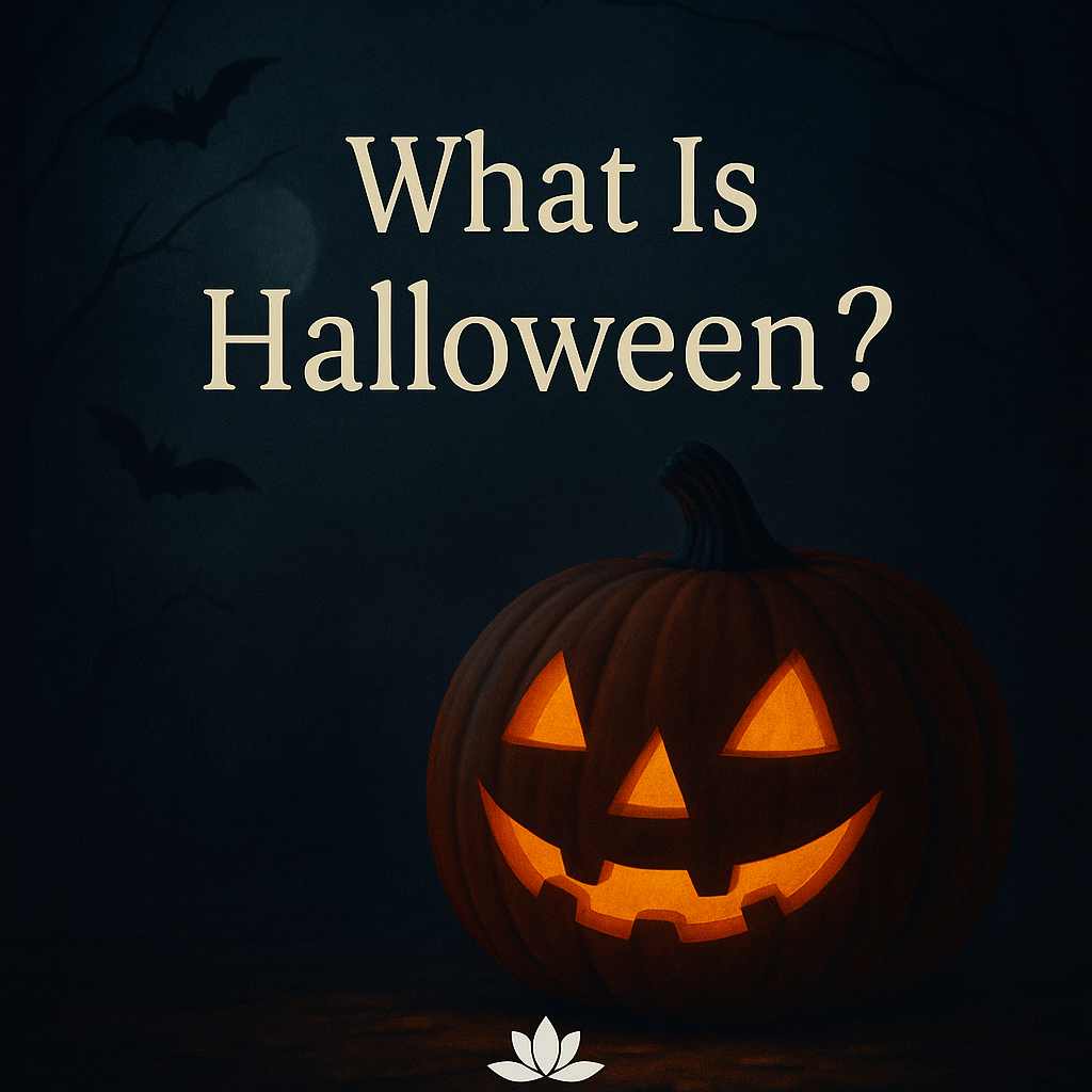 A lit Jack-o'-Lantern pumpkin with a smiling face against a dark background, accompanied by the text 'What Is Halloween?' and silhouettes of bats.