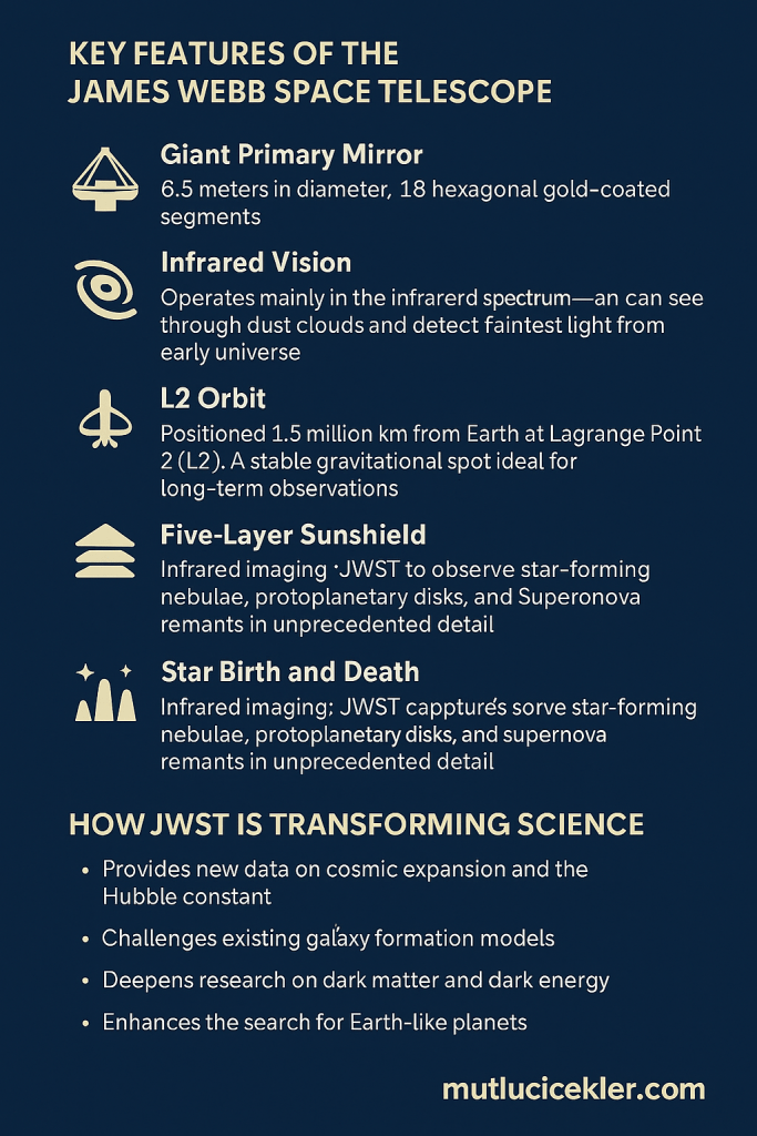 Infographic highlighting key features and scientific impact of the James Webb Space Telescope, including its giant primary mirror, infrared vision, L2 orbit, five-layer sunshield, and contributions to star formation and galaxy studies.