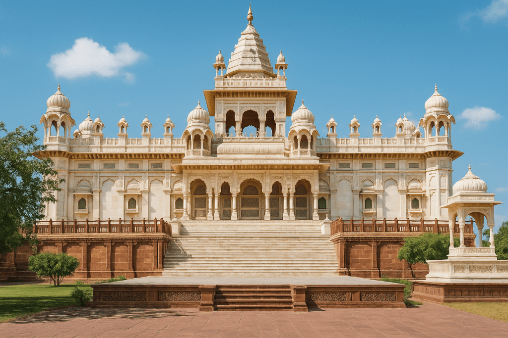 Jaswant Thada, beyaz mermerden yapılmış bir anıt, Rajasthan'ın Jodhpur şehrinde yer alır, etrafında yeşil alanlar ve güzel bir açık hava manzarasıyla çevrilidir.