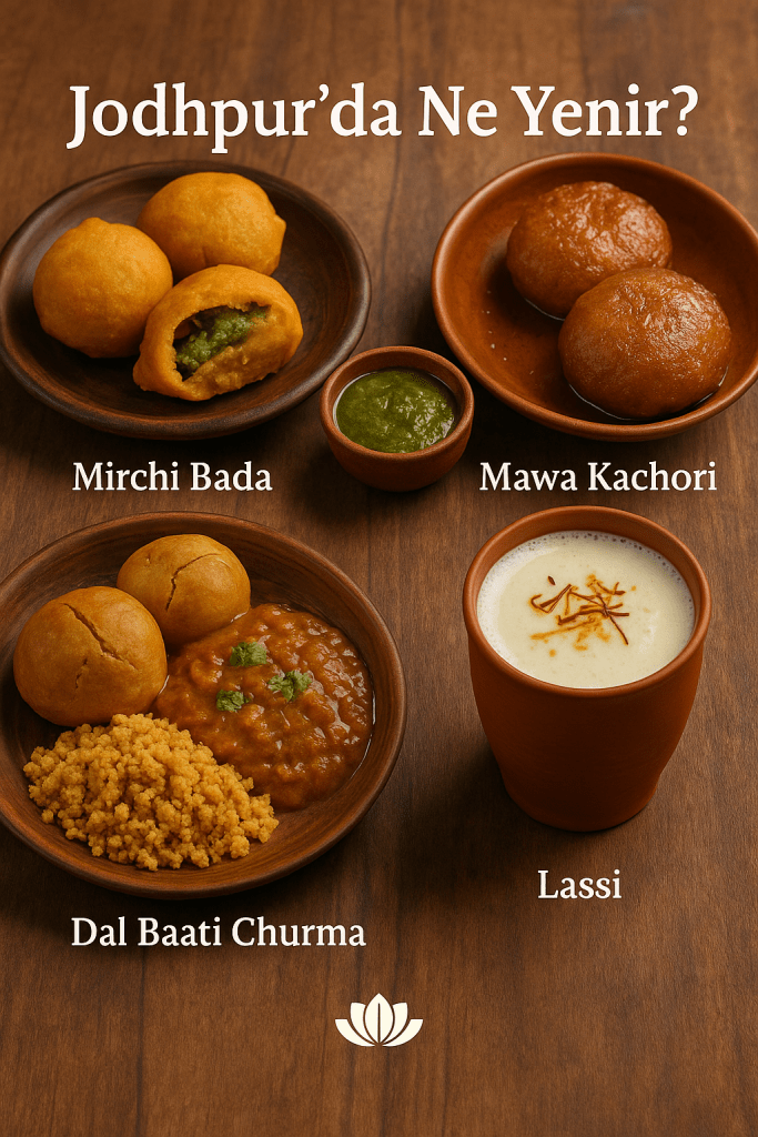 Jodhpur'da Ne Yenir? yazılı görselde, Mirchi Bada, Mawa Kachori, Dal Baati Churma ve Lassi yer alıyor.