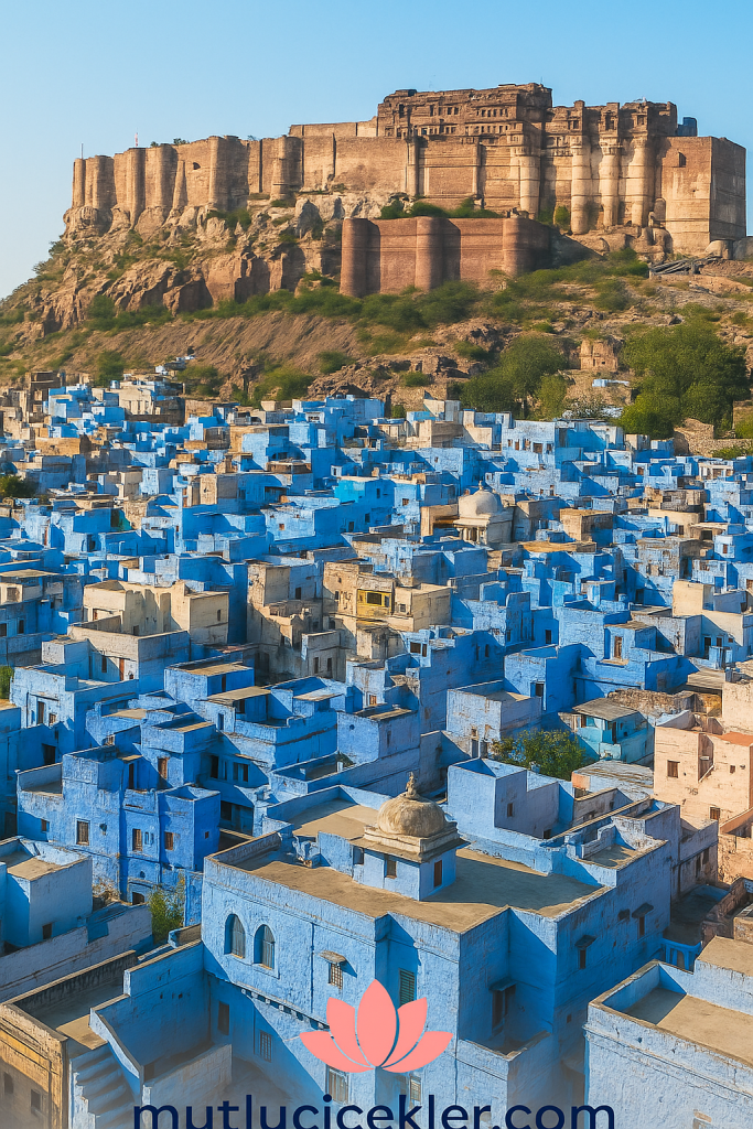 Jodhpur'un mavi evleri ile çevrili Mehrangarh Kalesi'nin muhteşem manzarası.
