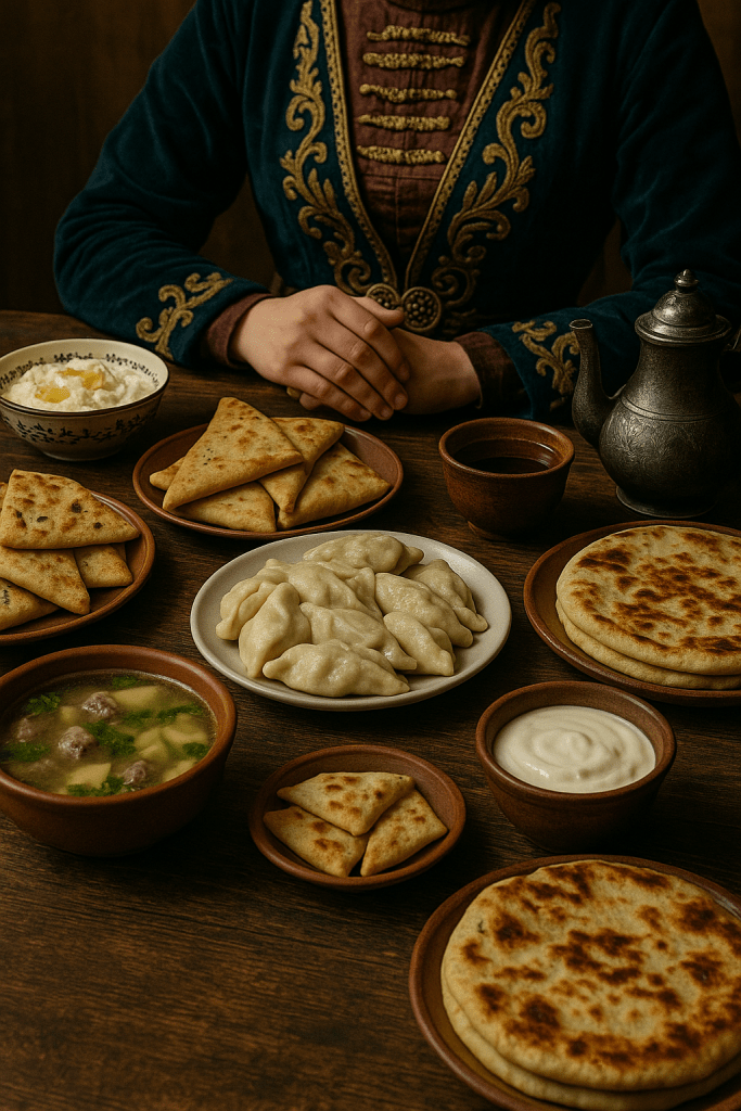 Bir masada çeşitli Karaçay yemekleri; mantı benzeri hamur işleri, çorba, ekmek ve yoğurt ile birlikte servis ediliyor. Arka planda, geleneksel kıyafet giymiş bir kişinin elleri masanın üstünde park etmektedir.