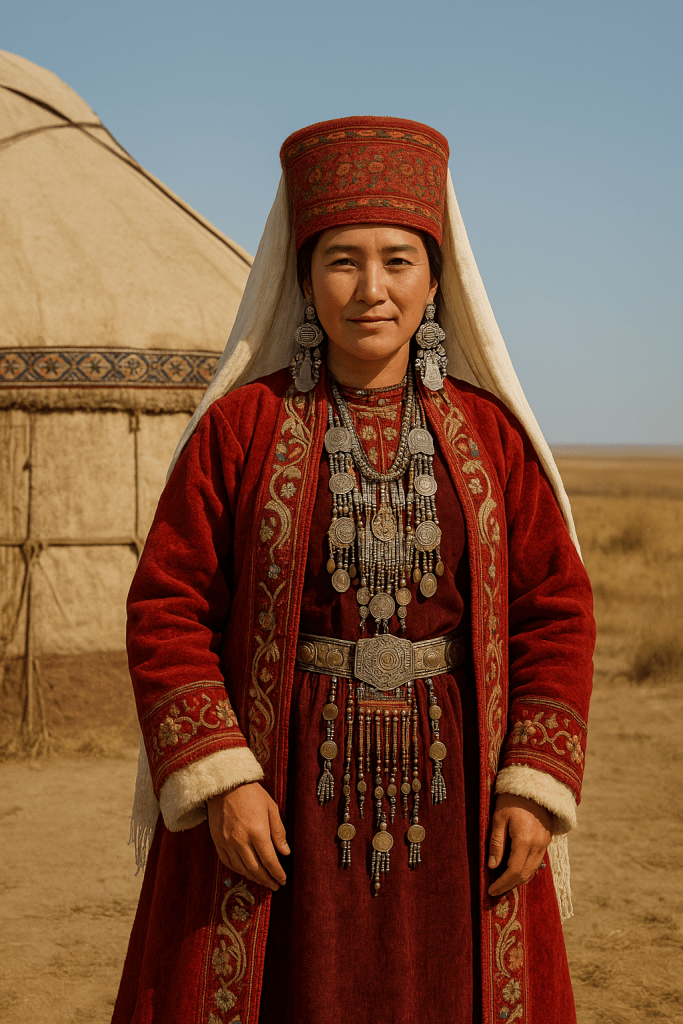 Karakalpak kadın, geleneksel kırmızı elbise ve zengin takılarla, yurt arka planda görünür.