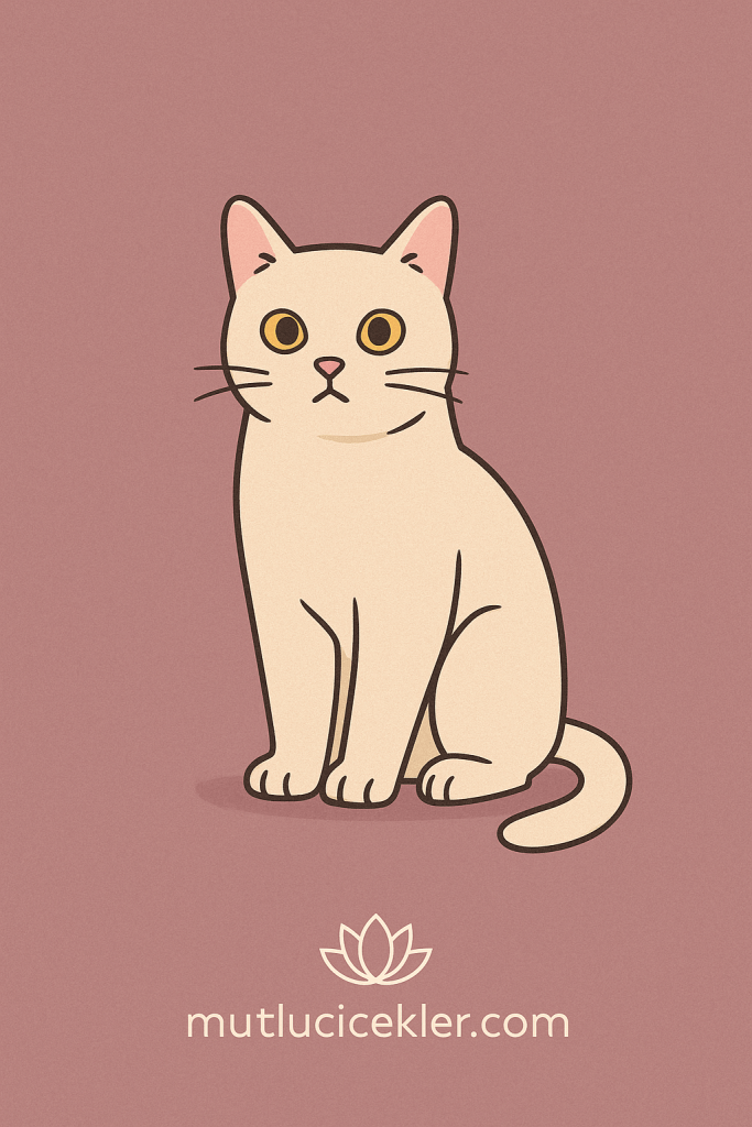 Çizgi tarzında oturan bir kedi, pembe arka planda ve alt kısımda 'mutlucicekler.com' yazısı ile.