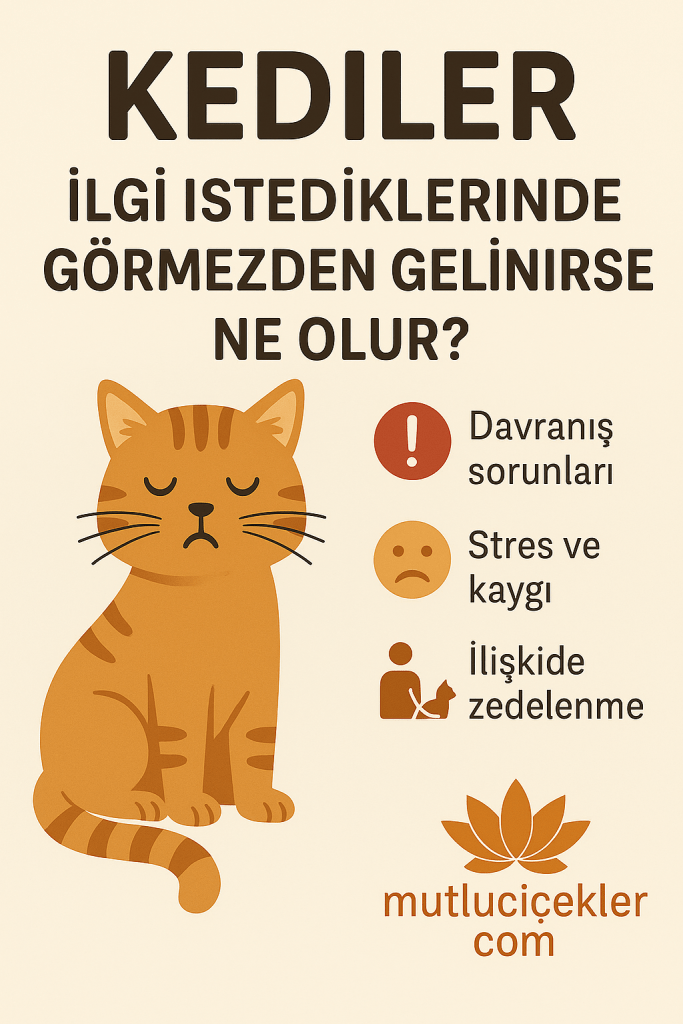 Kedi temalı bir grafik, kedi figürü, ilgiyi görmezden gelmenin sonucunu anlatan metin ve simgelerle birlikte.