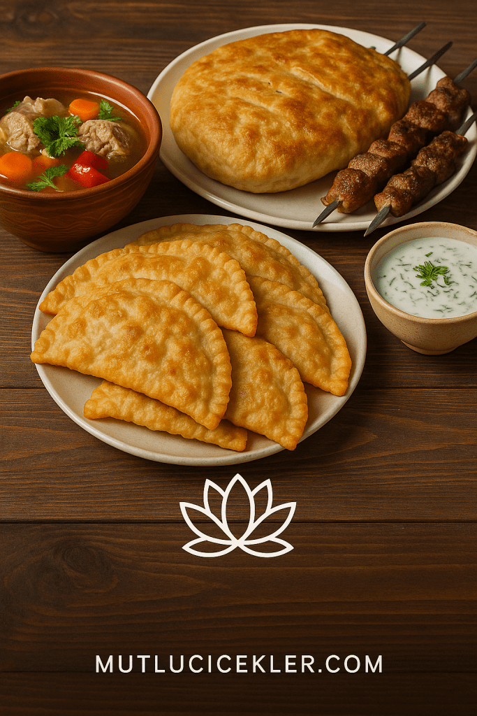 Klasik Kırım Tatar mutfağından çeşitli yemeklerin sunulduğu bir masa, ön planda çiğ börek ve bir tabak içinde etli çorba, arka planda gözleme ve şiş kebaplar yer alıyor.