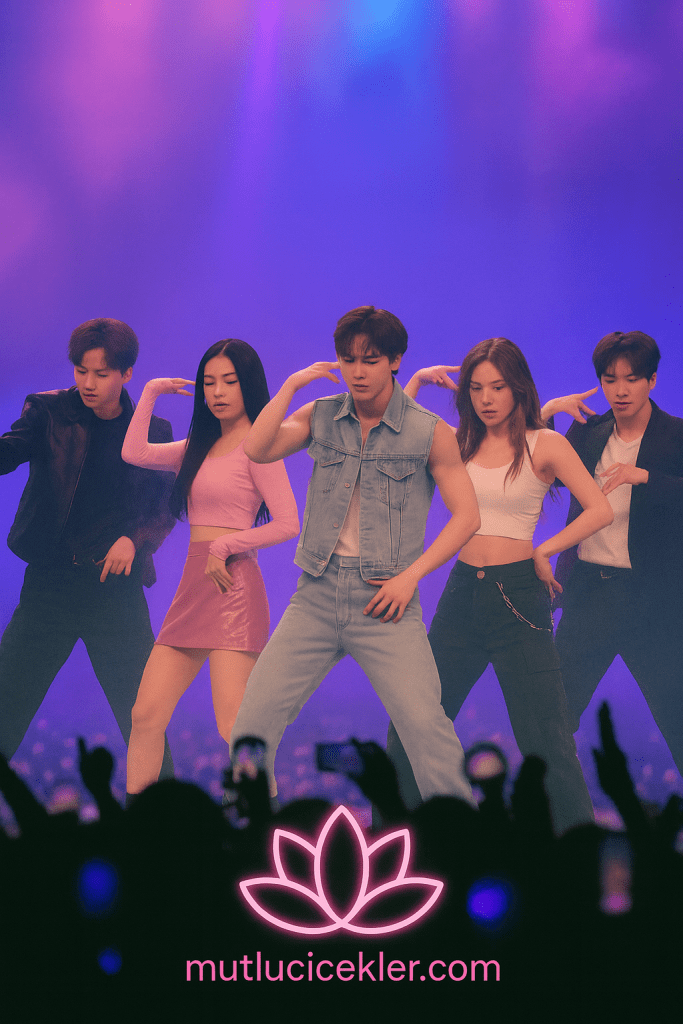 A K-Pop dance group performing on stage with colorful lighting, showcasing synchronized choreography. The group consists of five members dressed in trendy outfits.