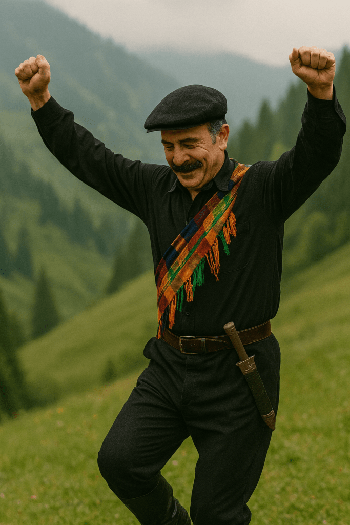 Laz kültüründe geleneksel bir dans sergileyen bir adam, yeşil dağ manzarası önünde enerjik bir şekilde hareket ediyor.