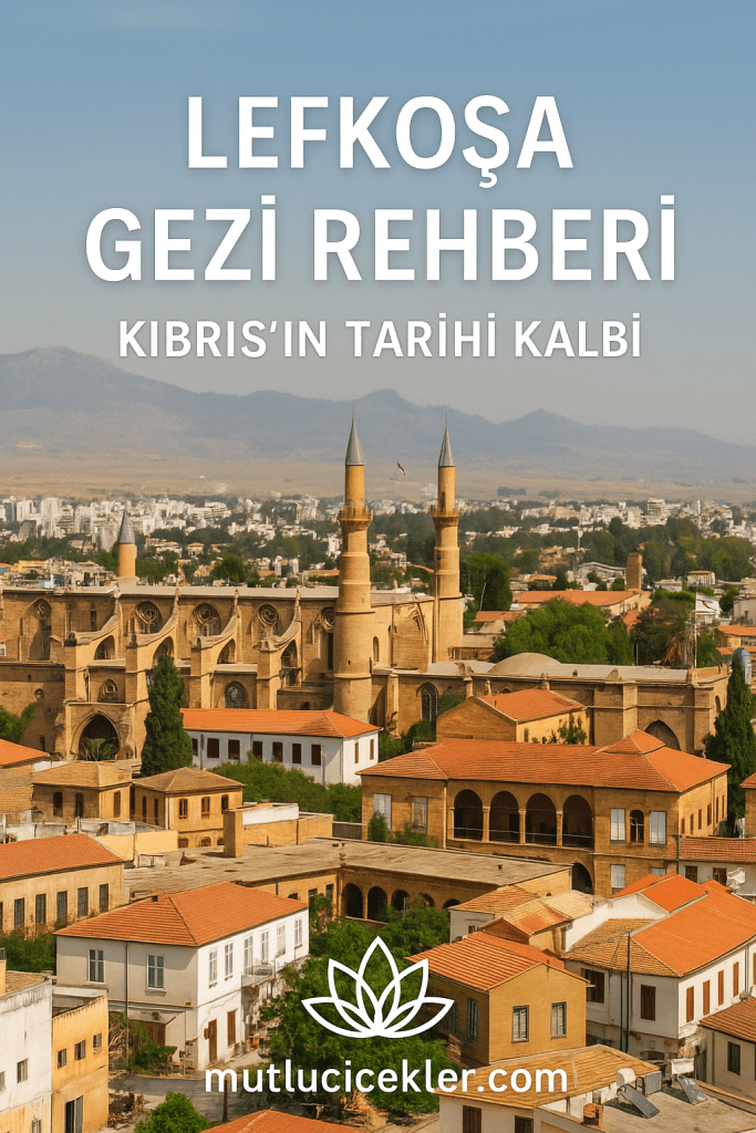Lefkoşa'nın tarihi yapıları ve mimarisi ile dolu bir manzarası, mavi gökyüzü altında ortaya çıkıyor.