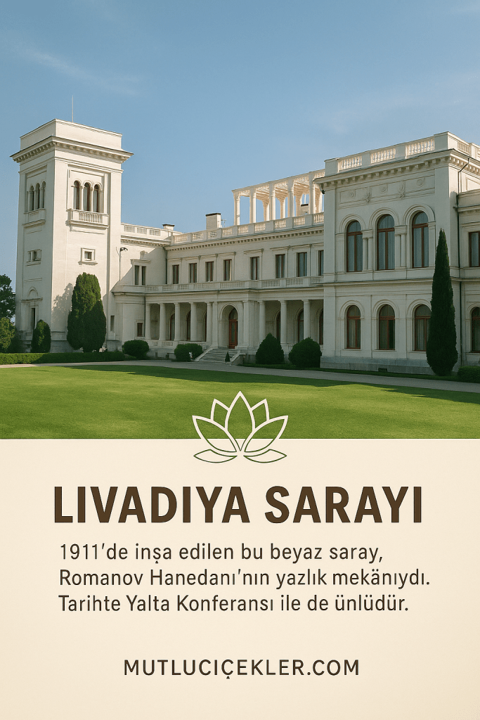 Livadiya Sarayı'nın ön görünümü, geniş yeşil bir alanın ortasında yer alan tarihi beyaz yapı.