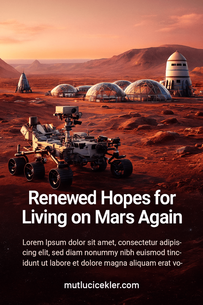 A futuristic Martian landscape featuring dome-shaped habitats and a robotic rover under a reddish sky, symbolizing renewed hopes for human life on Mars.