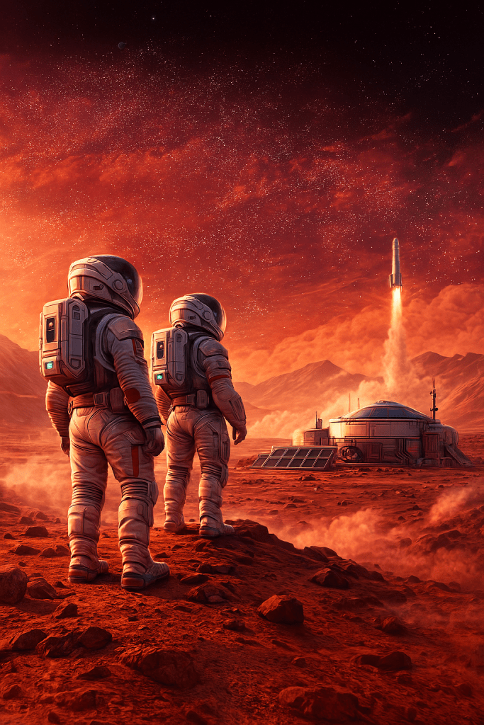 İki astronot, kırmızı Mars yüzeyinde bir uzay aracına bakan bir manzara.