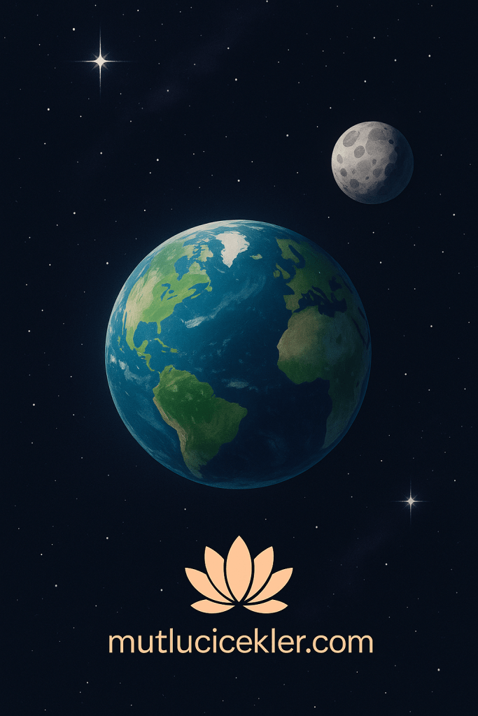 Gece gökyüzünde Dünya ve Ay'ı gösteren bir illüstrasyon, yıldızlarla dolu arka planda mutlucicekler.com logosu.