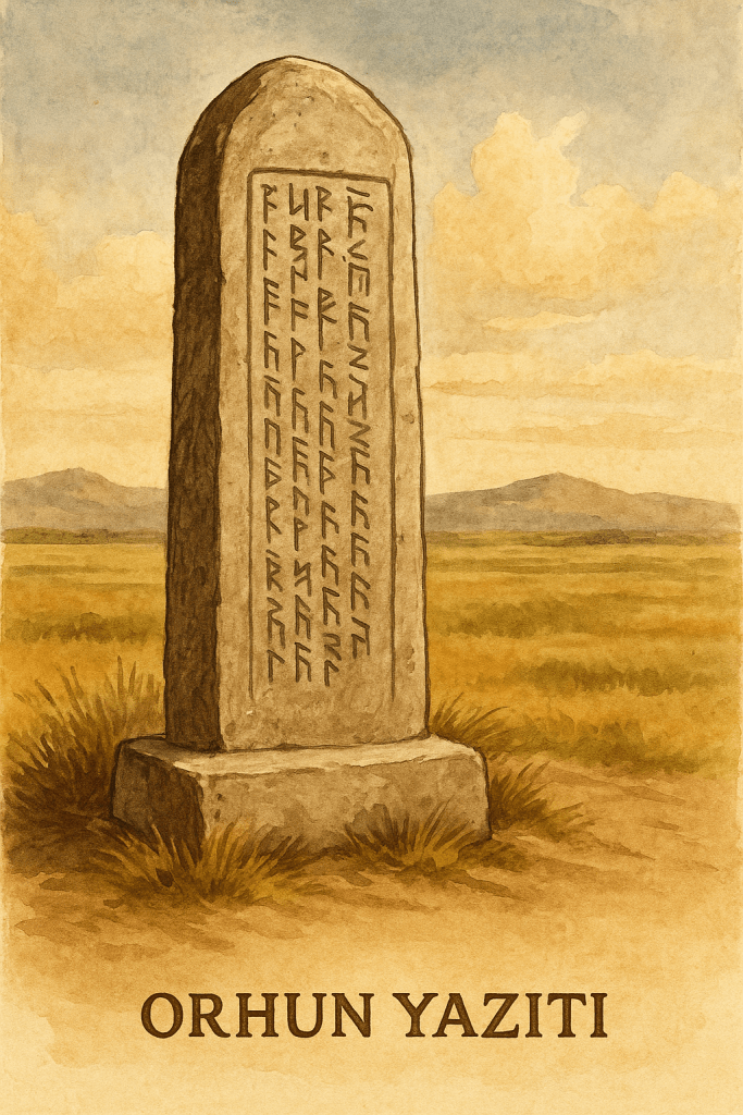 Bir Orhun Yazıtı'nın taşa işlenmiş hali, arka planda açık mavi gökyüzü ve yeşil bitki örtüsü ile birlikte.