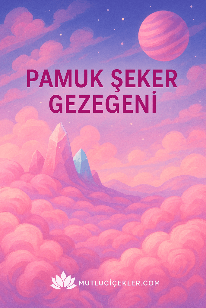 Pamuk Şeker Gezegeni'nin pastel tonlarda bulutlar ve kristal dağlarla dolu bir gökyüzü manzarası.