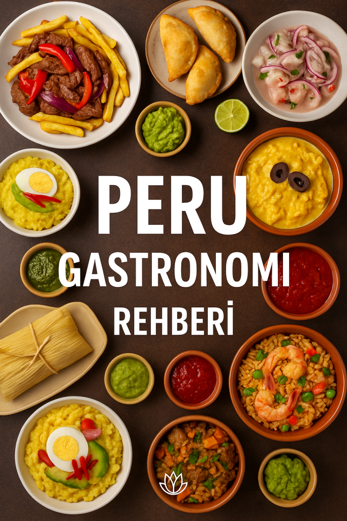 A variety of traditional Peruvian dishes arranged beautifully on a table, including colorful rice, meat, seafood, and various sauces, with the text 'PERU GASTRONOMI REHBERİ' prominently displayed.