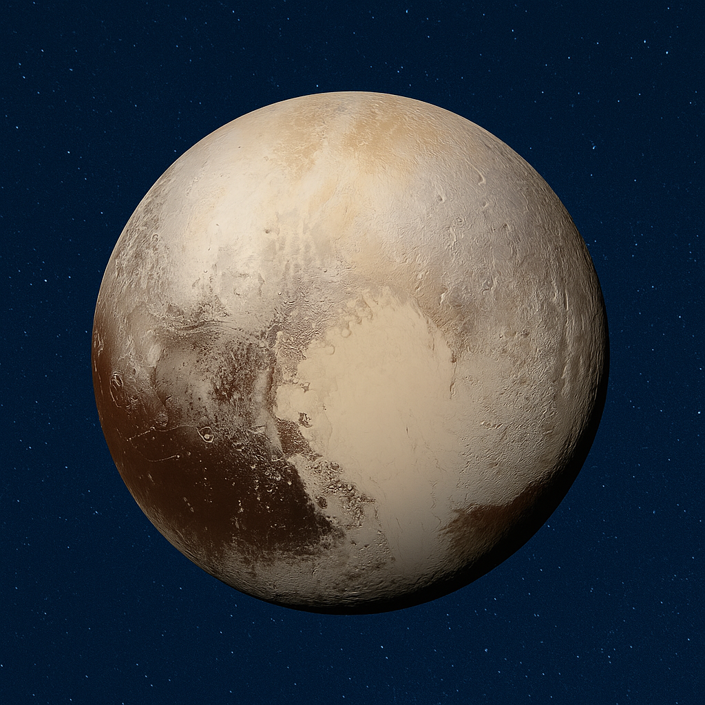 Image of Pluto, the dwarf planet, showcasing its surface features including icy regions and a heart-shaped formation, set against a starry background.