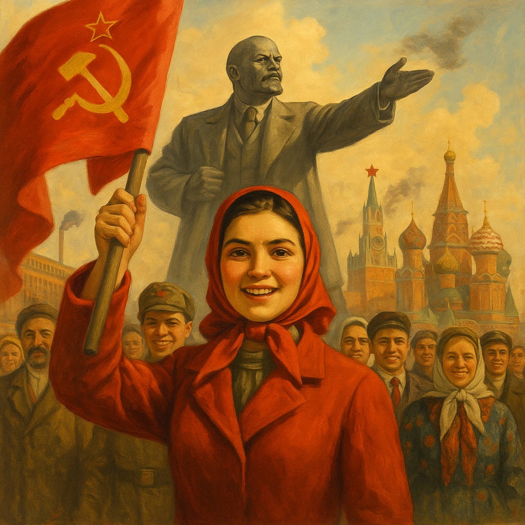 Bir Sovyet sembolü olan bayrakla gülümseyen genç bir kız, arkasında Lenin'in heykeli ve Sovyet meydanı siluetiyle yer alıyor.