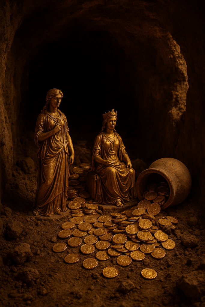 Two golden statues of women stand near a clay jar that has spilled a pile of ancient coins on the ground inside a dark cave.