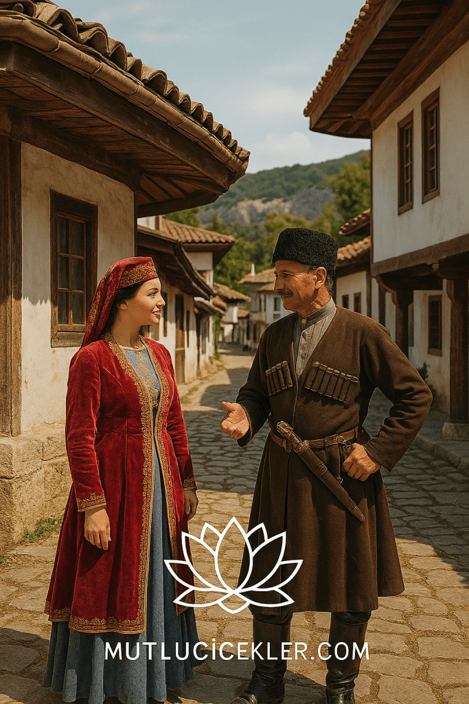 Bir geleneksel Kırım Tatar kıyafeti giymiş kadın ve erkek, eski tarz bir sokakta sohbet ederken.