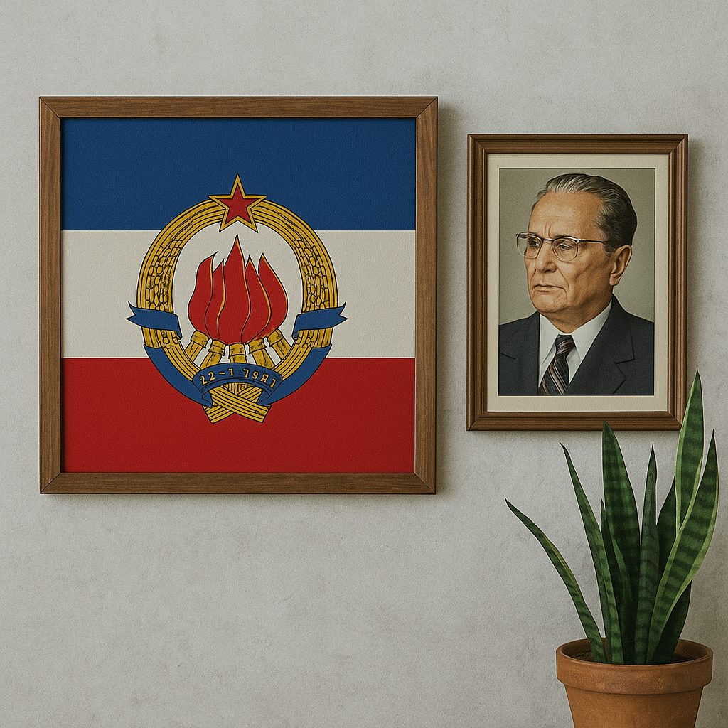 Yugoslavya'nın bayrağı ve Josip Broz Tito'nun portresi, duvara asılı olarak bir odada yer alıyor. Yanında bir saksıda bitki bulunuyor.