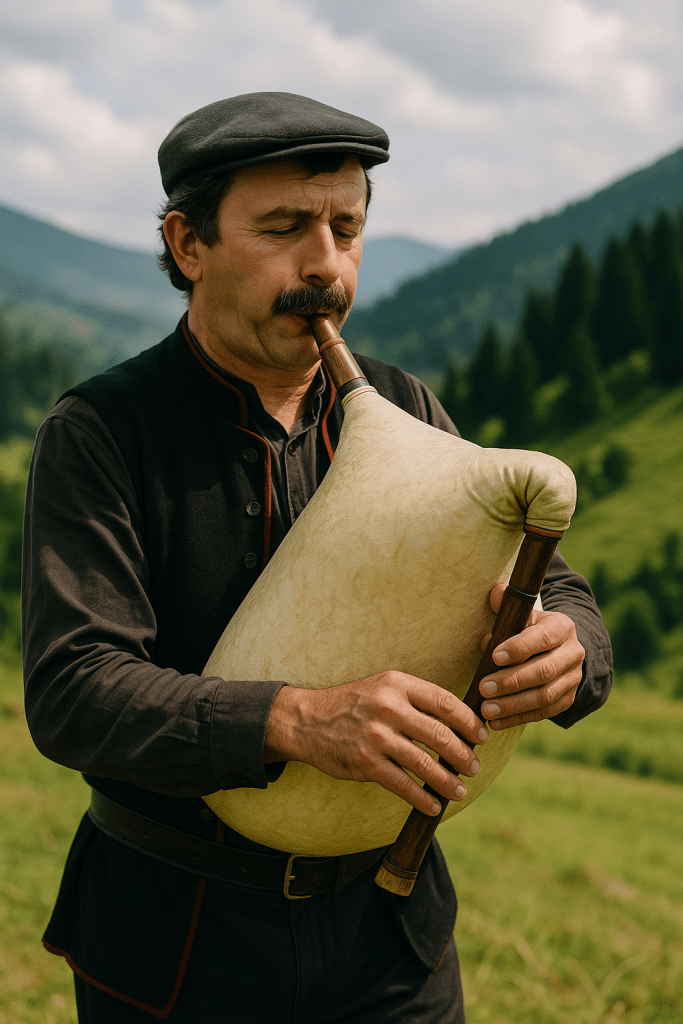 Laz kültürüne ait geleneksel tulum çalan bir adam, dağlık bir alanda yeşillikler arasında duruyor.