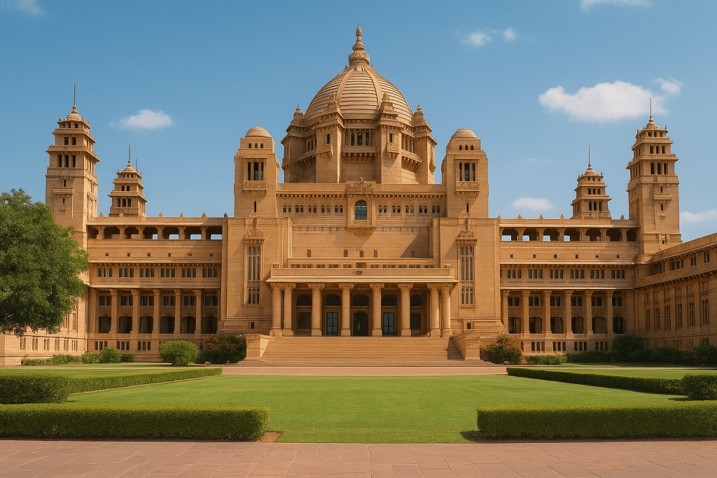 Umaid Bhawan Palace'in ön cephesi, yeşil alanlarla çevrili, etkileyici bir mimariye sahip büyük bir yapı.