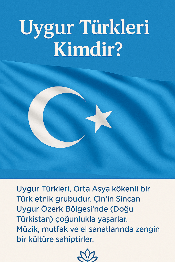Uygur Türkleri hakkında bilgi veren bir tanıtım grafiği; mavi arka plan üzerinde Uygur bayrağı, başlık ve açıklama metni içeriyor.