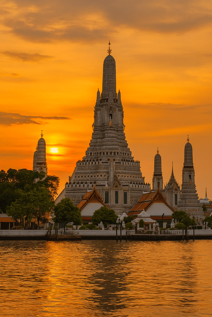 Güzel bir gün batımında, Bangkok'taki Wat Arun tapınağı ve çevresindeki su kenarı manzarası.