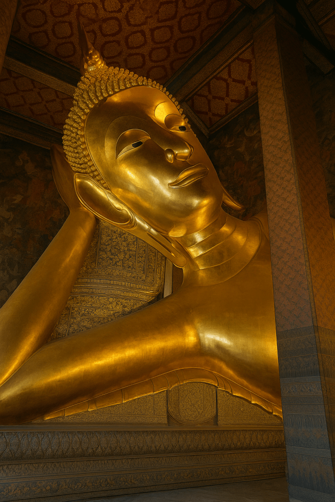 Büyük bir yalın ayakta yatan Buda heykeli, detaylı işlemeleriyle çevrelenmiş.
