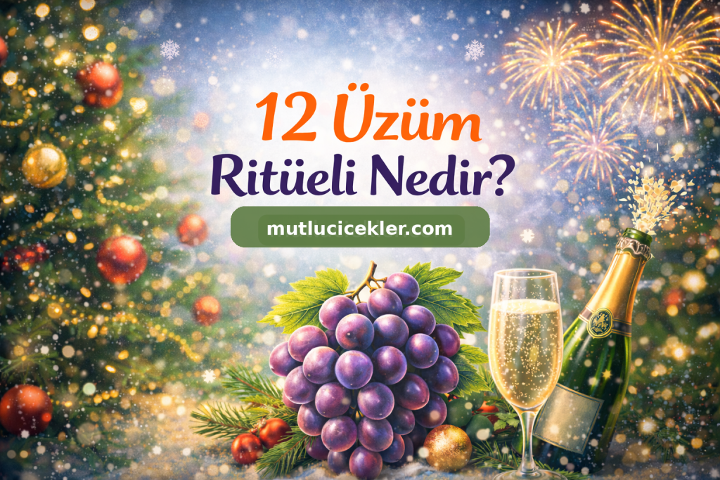 Renkli bir arka planda 12 üzüm ve şampanya bardağı ile birlikte yeni yıl kutlamasını simgeleyen bir görsel.