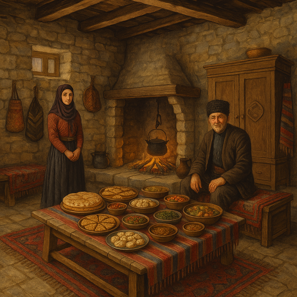 Avar kültürünü yansıtan geleneksel bir yemek masası ve iki kişi, bir odanın içinde yemek hazırlığı yaparken